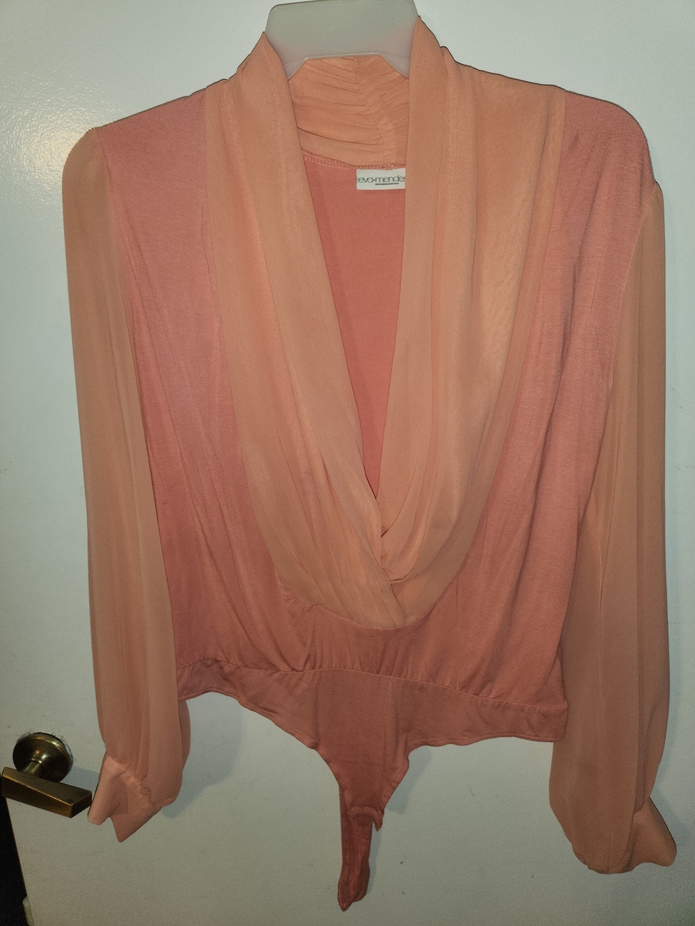 eva mendes for New York & Company Peach Long-Sleeve Draped Bodysuit Blouse